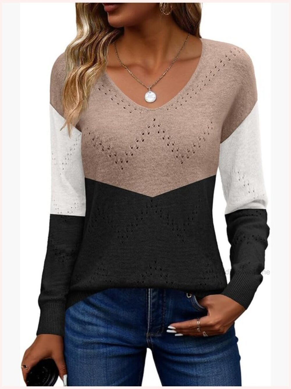 Women's V-Neck Crochet Pullover Sweater Lightweight Long Sleeve Off Shoulder